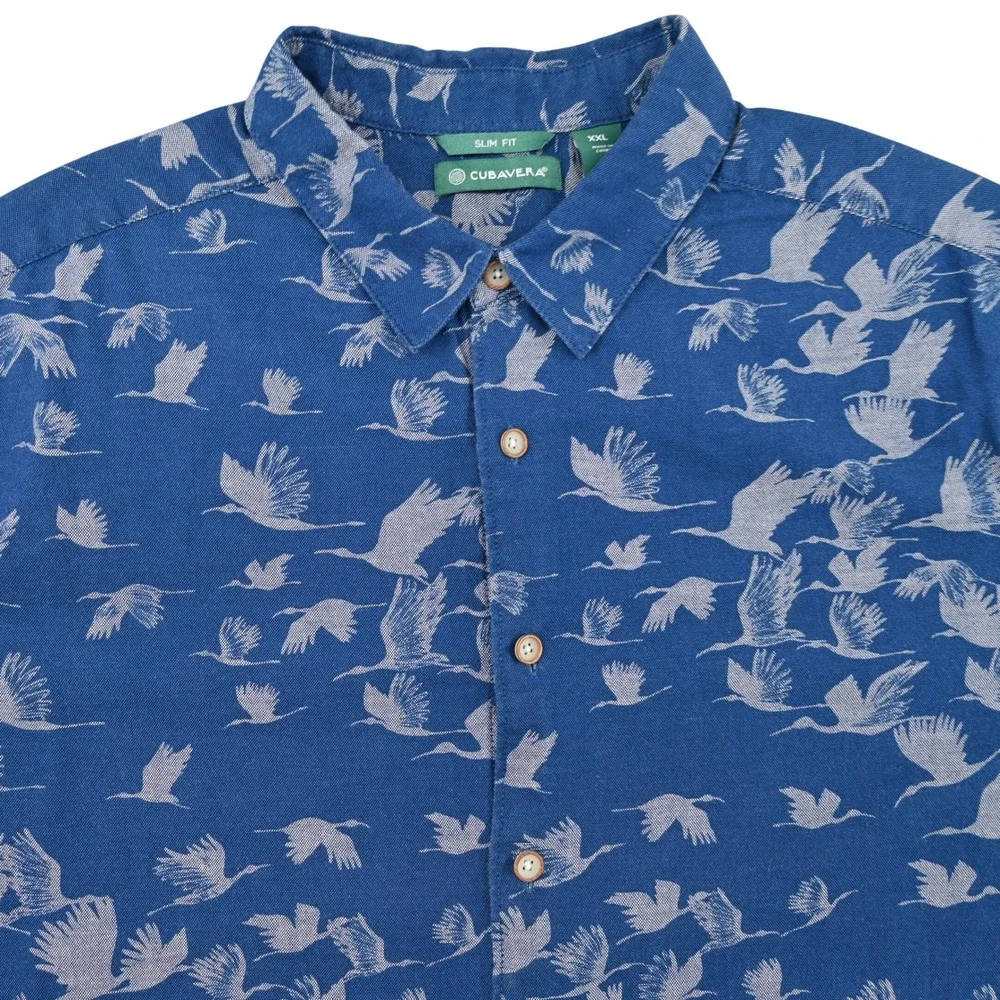 100% Cotton Cubavera Mens All Over Print Crane Bird Button Up Shirt Blue XXL